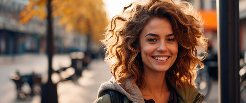 Beautiful young woman with disheveled curly hair, sunny city