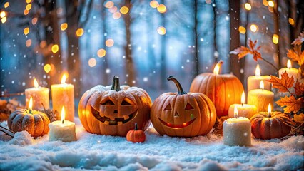 Obraz premium Halloween pumpkins and candles in a snowy forest setting.