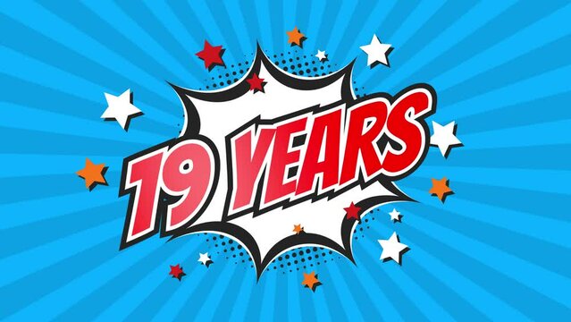 19th nineteenth anniversary - 19 nineteen years birthday. Animated text on pop colorful background with rotating rays.