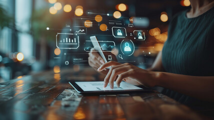 Businessman Uses Tablet and Digital Networking Interface, Banking 