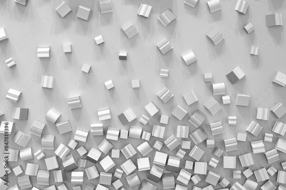 Poster White background textured abstract collage of silver cubes arranged in such a way as to create a feeling of chaos and disorder. Cubes are scattered throughout the image, some overlapping 
