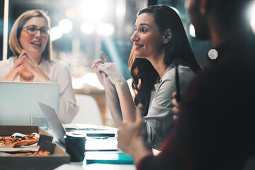 Leader, group or business people planning, discussion or brainstorming in startup at night. Team,...