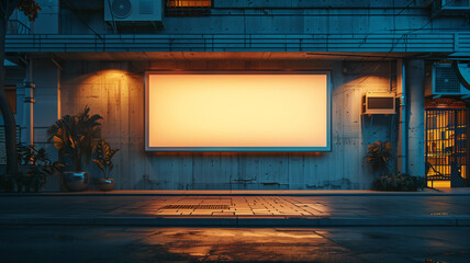 An blank billboard on a concrete wall, with shadows. commercial poster or banner mockup