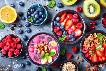 Vibrant Smoothie Bowls: Fresh Fruits, Nuts, Seeds for Health Blogs, Social Media, Food Marketing