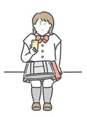 座りながらスマートフォンを使用する制服姿の女子　イラスト