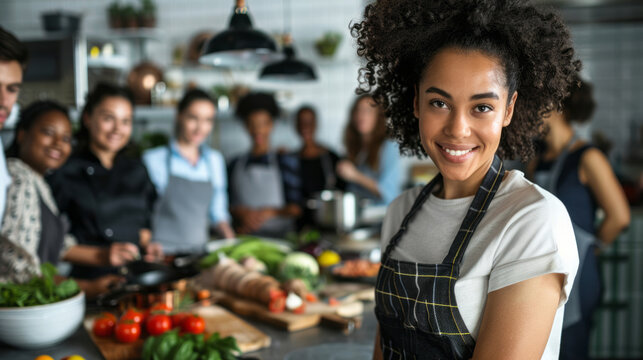 Female chef smiling with diverse group in kitchen