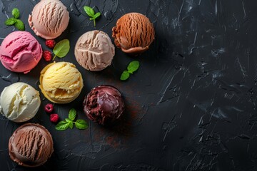 organic ice cream scoops of different  flavors on black textured background with berries and copy space right