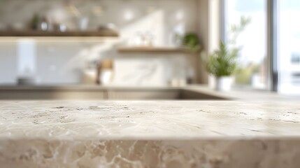A beige marble countertop in the foreground with a modern kitchen and dining area blurred in the background for product presentation