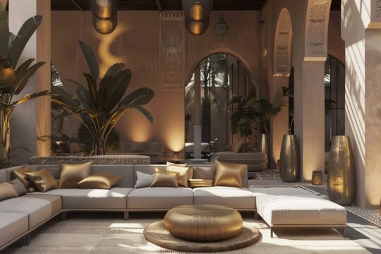 luxury moroccan riad or riyad hotel patio interior design beige golden colors