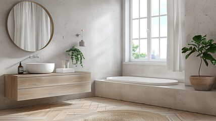 Bathroom interior with glass shower and sink, window