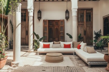 luxury moroccan riad or riyad hotel patio interior design lounge with cozy sofa