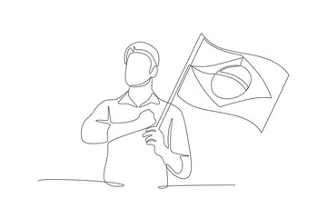 Man holding chest while holding brazil flag. Independence of brazil concept one-line drawing