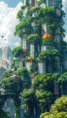 Futuristic green cityscape with tall buildings covered in lush greenery and trees, blending architectural design with nature.