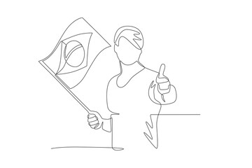 Man holding brazil flag giving thumbs up. Independence of brazil concept one-line drawing