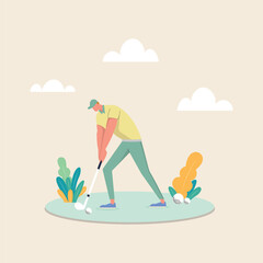 illustration of a man playing golf on a green field. Flat design style characters