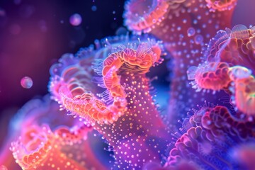 Naklejka premium Microbiome macro colorful shot closeup under microscope. Science and biotech pharma research.