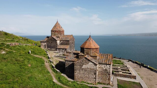  Flight of the Sevanovank monastery on a peninsula on Lake Sevan in Armenia. 