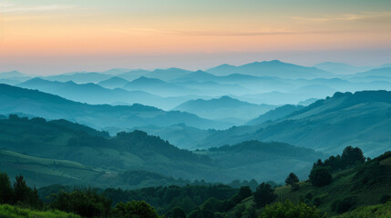 Fototapeta premium Serene mountain layers at dusk with soft pastel colors