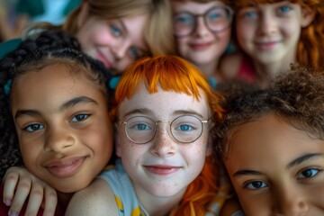 diverse kids hugging at school and posing for photo. Inclusive education banner, candid moment.	
