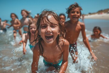 Obraz premium happy diverse kids playing on the beach in summer on vacation