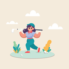 illustration of a woman playing golf on a green field. Flat design style characters