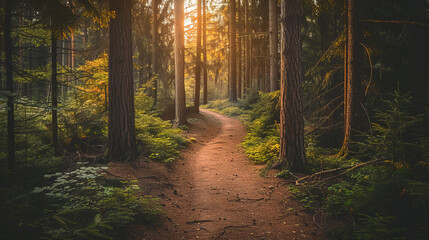 Obraz premium Serene nature trail through lush forest with sunlight