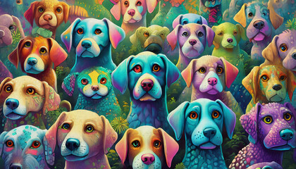 Fototapeta premium oil painting style cartoon character illustration multicolored dog heads