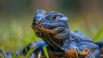 Obraz premium A lizard is sitting on the grass with its head up