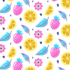 Bright summer seamless pattern. Colorful fruits, feathers, hearts, flowers repeat on white background. Abstract design for print, cover, cad. Vector illustration.