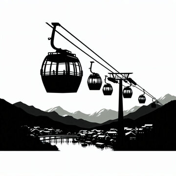 A silhouette illustration of a cableway gondola.
