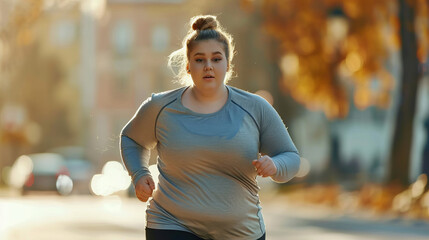 Overweight young woman jogging on city street in sunlight