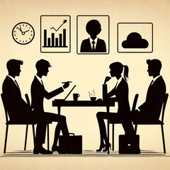 A silhouette illustration of a job interview in a distressed style