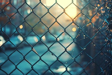 Fototapeta premium Close-up of a chain-link fence with blurred urban background and sunset light, capturing the essence of city life and confinement.