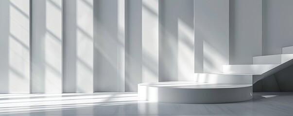Naklejka premium Elegant white background with transparent glass podium and minimalist staircase
