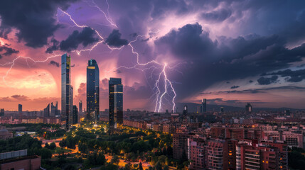 Fototapeta premium Spectacular lightning storm over modern city skyscrapers at sunset