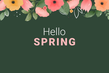 Hello Spring lettering and colorful watercolor flowers