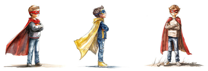 Set of three watercolor illustrations of young boys in superhero costumes with capes and masks, ideal for children's events, hero-themed parties, or storybook concepts