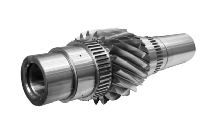 A metal shaft with a gear on the end isolated on white transparent background