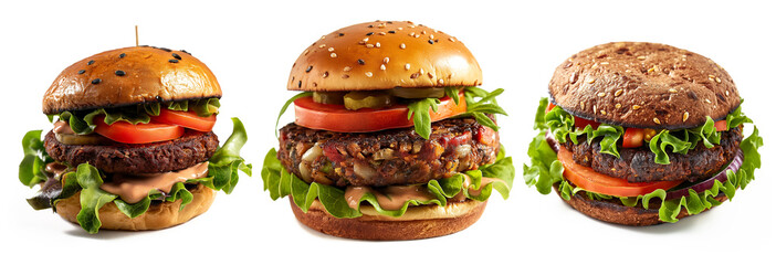 Variety of gourmet burgers with fresh ingredients on white background, ideal for culinary concepts and fast food advertising