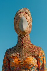 Obraz premium A faceless figure wearing a traditional, colorful embroidered outfit with a turban, set against a clear blue sky. Unique cultural depiction.