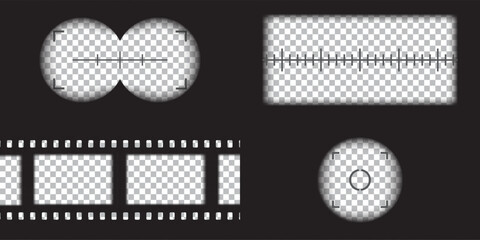 Video camera, binocular and camera roll viewfinder overlay. Camera and binocular frame vector template. Black lines on transparent background. 