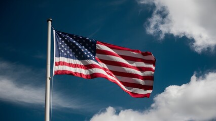 wawing USA flag in the cloudy sky, American symbol of 4th of july independence day democracy and patriotism.