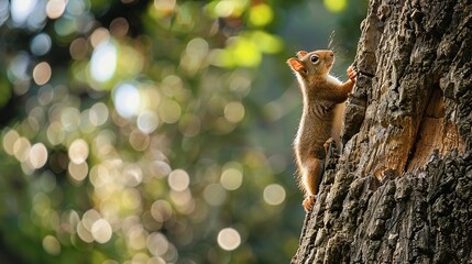 Curious Animal Climbing an Ancient Tree Trunk in a Lush Forest Setting