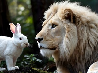 Fototapeta premium White rabbit face to face with a beautiful big lion