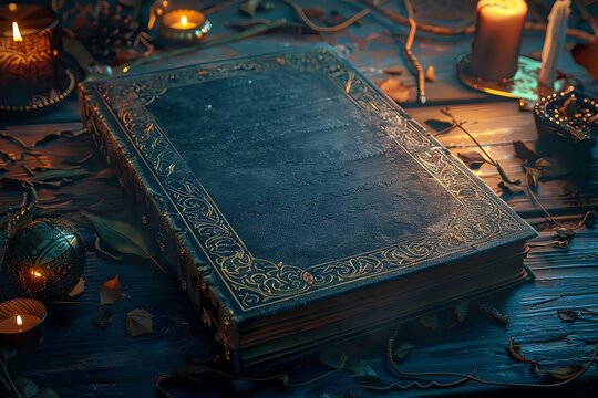 Ancient magical book with ornate cover on a mysterious table surrounded by candles and enchanted artefacts.