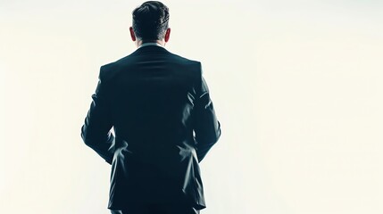 Rear view of a man in a suit looking forward against a bright background, representing professionalism and leadership.
