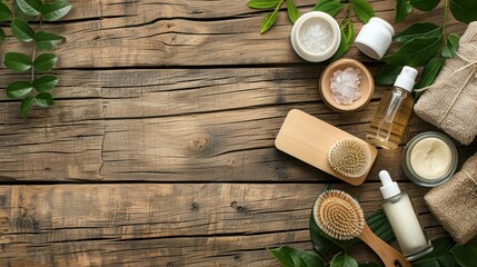 Natural skincare products arranged on a wooden table, eco-friendly cosmetics