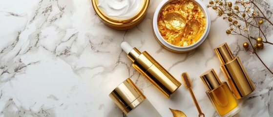 Gold-themed cosmetic products arranged on a marble table, luxury beauty accessories