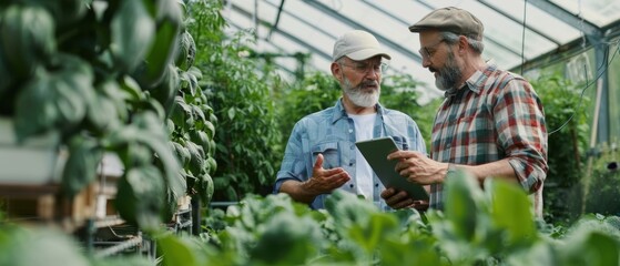 Farmer and agronomist discussing crop growth in a greenhouse, using a tablet