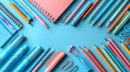 Colorful Stationery Arrangement on a Blue Background